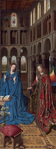 Annunciation (1434–1436) by Jan van Eyck reflects themes of divine incarnation and sacred space.