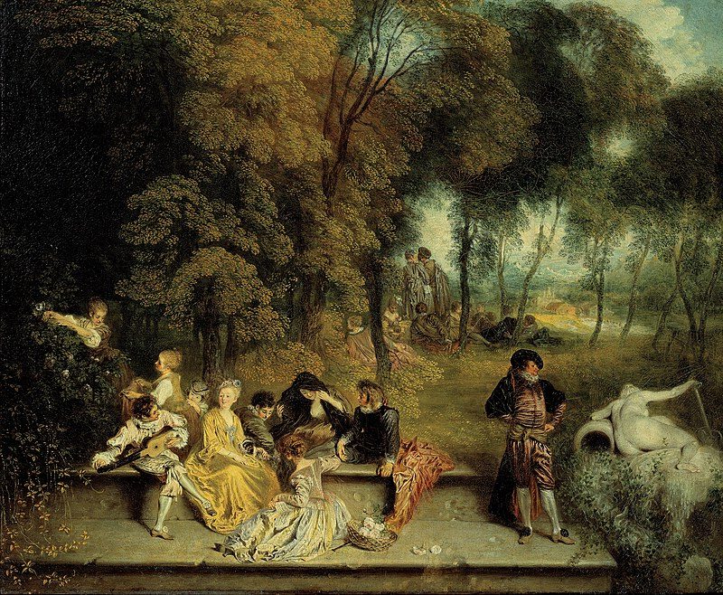 Pleasures of Love (1718–1719) reflects themes of romantic escapism, aristocratic leisure, and fleeting love.