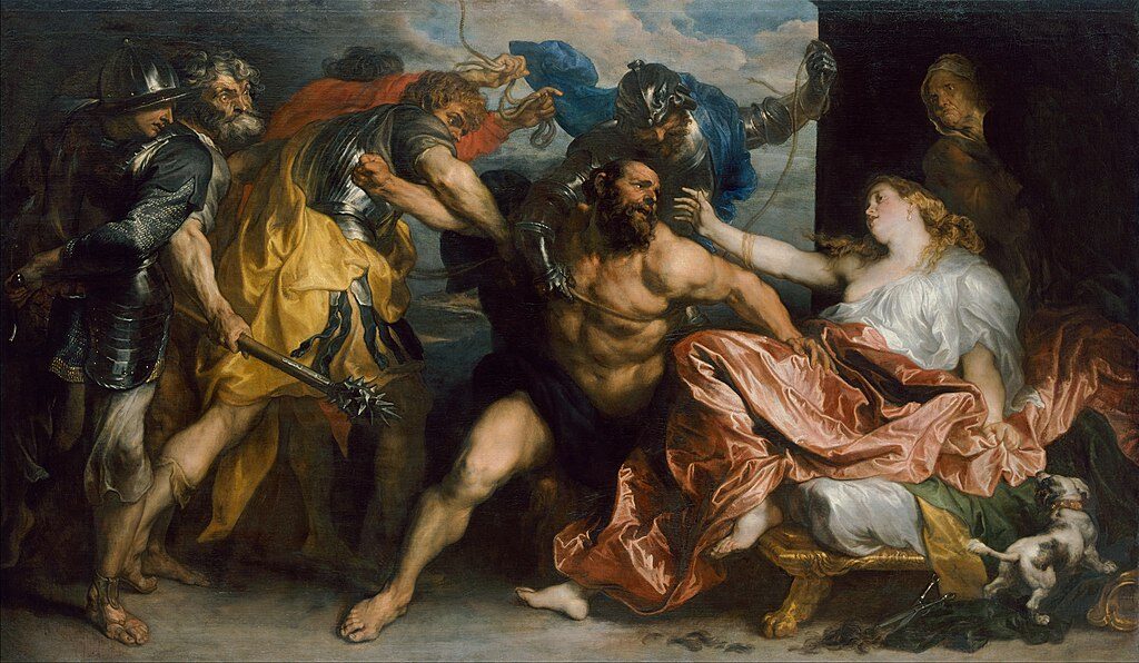 Samson and Delilah (c. 1630) by Anthony van Dyck reflects themes of betrayal, passion, and vulnerability.