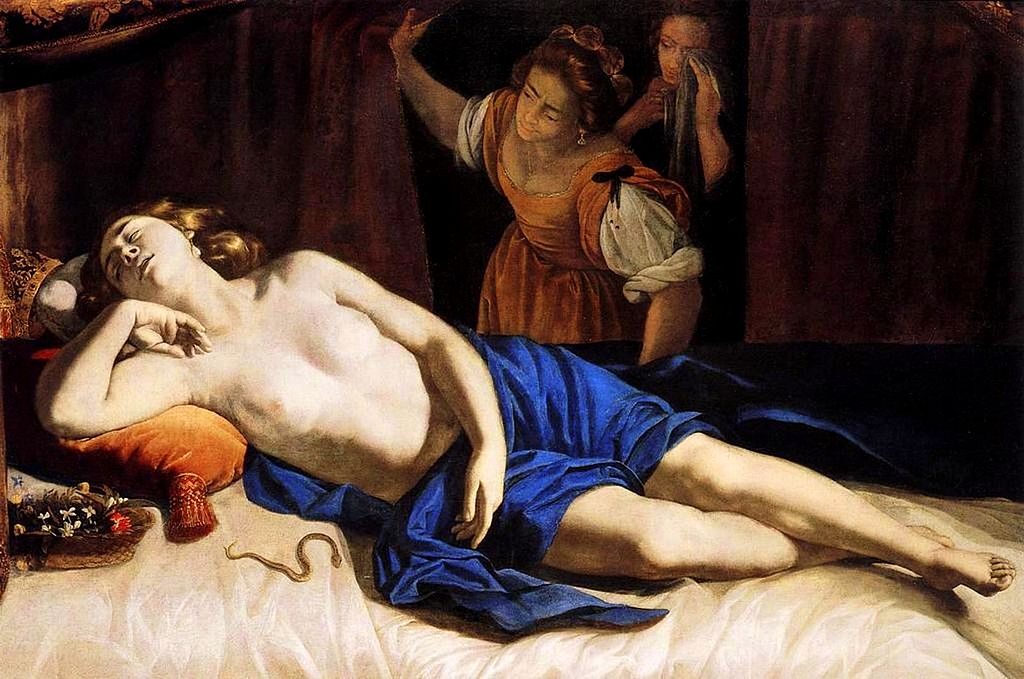 Cleopatra (1633–1635) by Artemisia Gentileschi reflects themes of power, seduction, and tragic destiny.