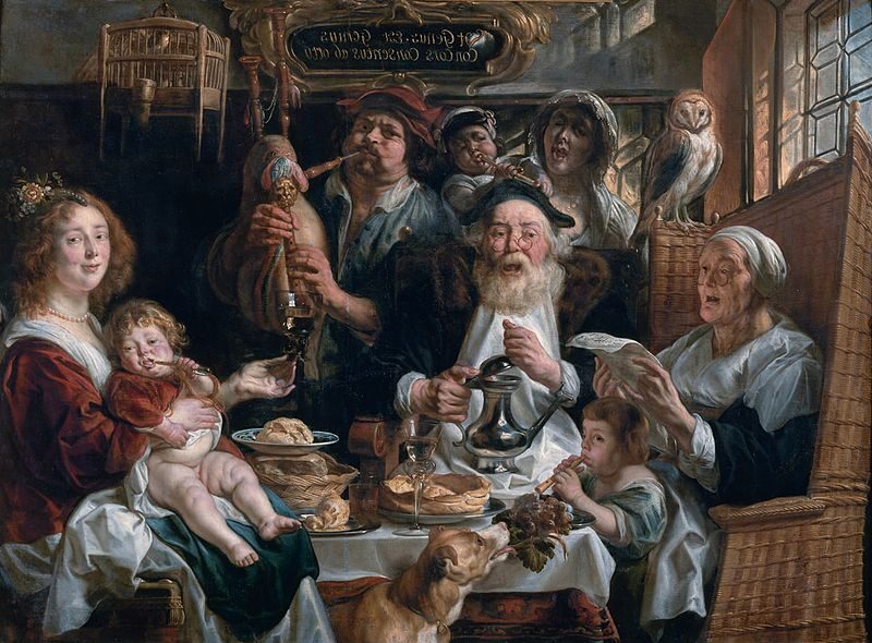 As the Old Sang, So the Young Pipe (1650) by Jacob Jordaens reflects themes of generational influence, morality, and social satire.
