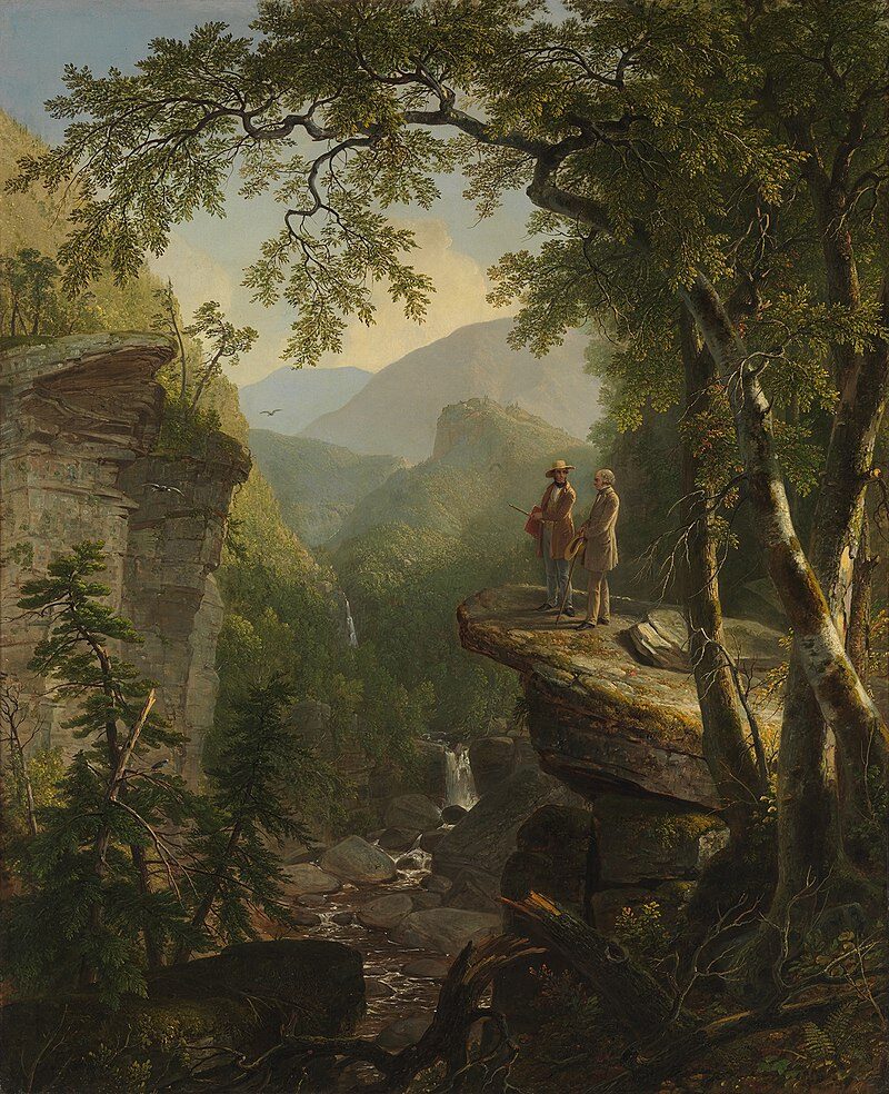 Kindred Spirits, 1849, by Asher Durand reflects the ideals of the Hudson River School.