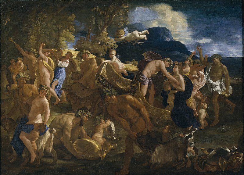 Bacchanale or Bacchus and Ariadne, 1624–1625 by Nicolas Poussin reflects the themes of revelry, love, and divine intervention.