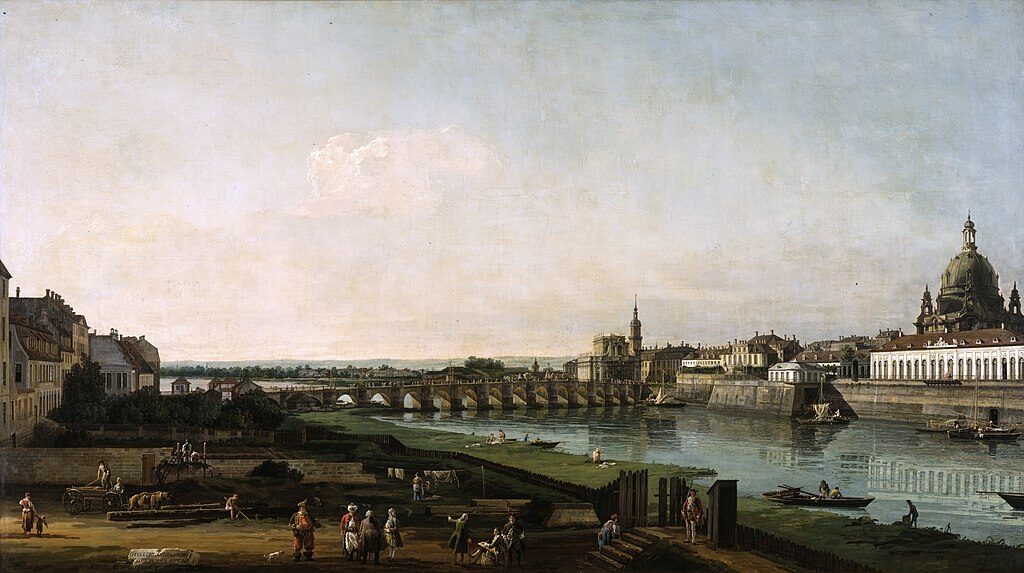 Dresden from the Right Bank of the Elbe Above the Augustus Bridge (1747) reflects the artist’s mastery in topographical cityscapes.