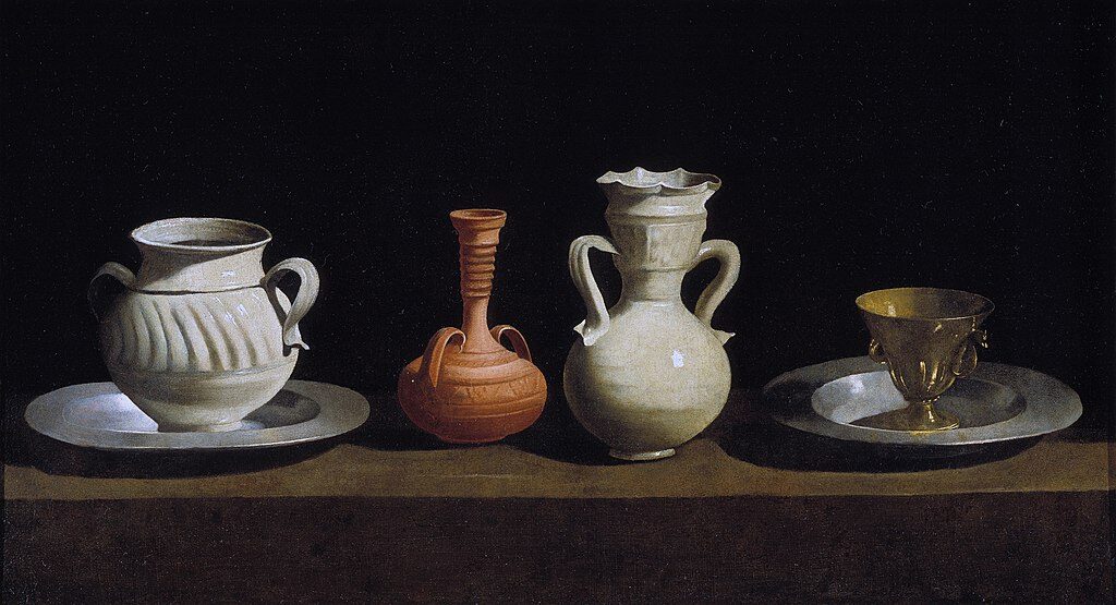 Still Life with Pots (c. 1650) by Francisco de Zurbarán reflects simplicity, humility, and the spiritual significance of everyday objects.