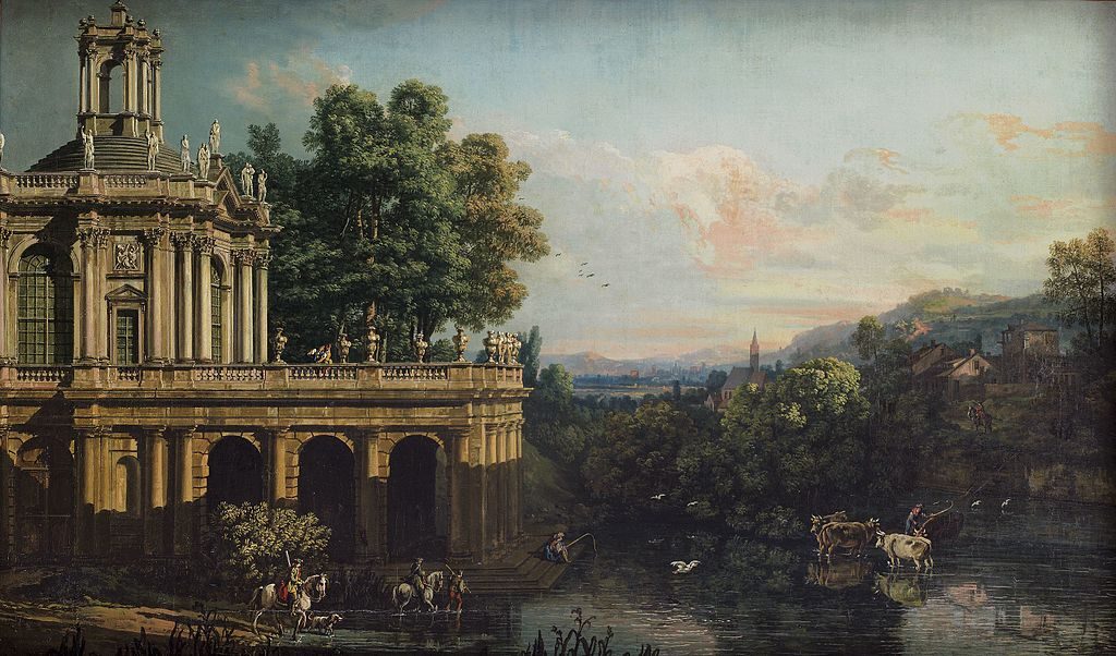Architectural Capriccio with a Palace (1765) by Bernardo Bellotto reflects an imaginative vision of grand, classical architecture.