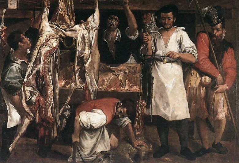 Butcher's Shop (1580) by Annibale Carracci reflects themes of everyday life, labor, and realism.
