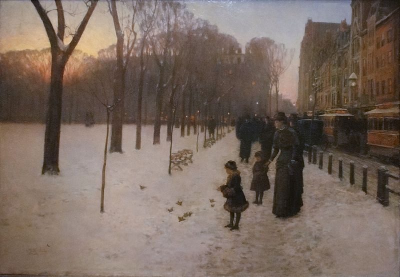 Boston Common at Twilight (1885) reflects the artist’s early Impressionist approach to urban landscapes