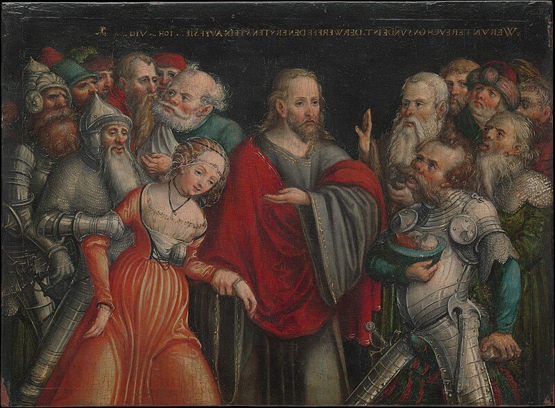 Christ and the Woman Taken in Adultery (1545–1550) reflects themes of mercy and judgment.