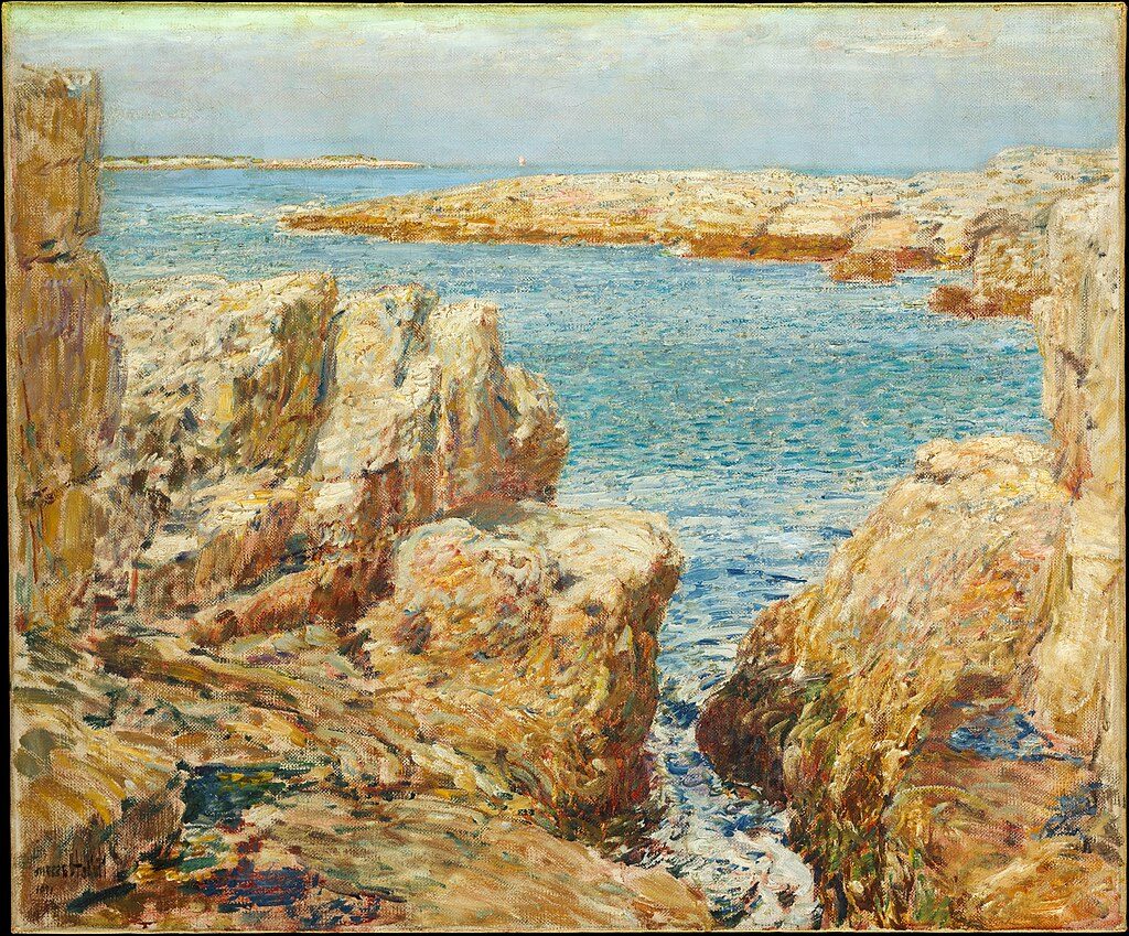 Coast Scene, Isles of Shoals (1901) reflects the artist's impressionist style, capturing the rugged shoreline of the Isles of Shoals