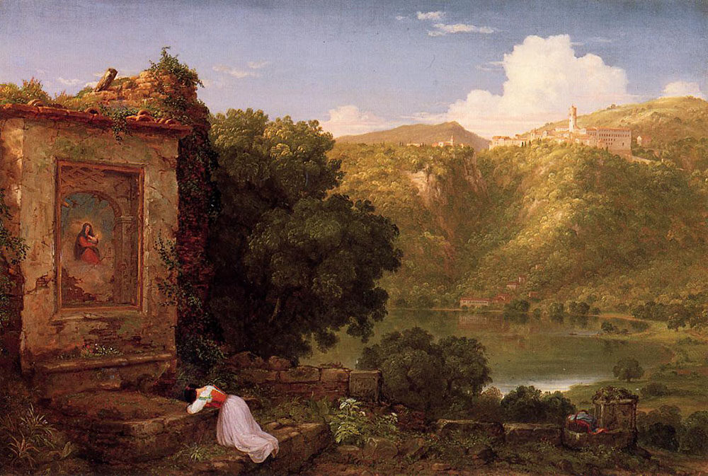 Il Penseroso (1845) by Thomas Cole reflects themes of contemplation, solitude, and intellectual reflection.