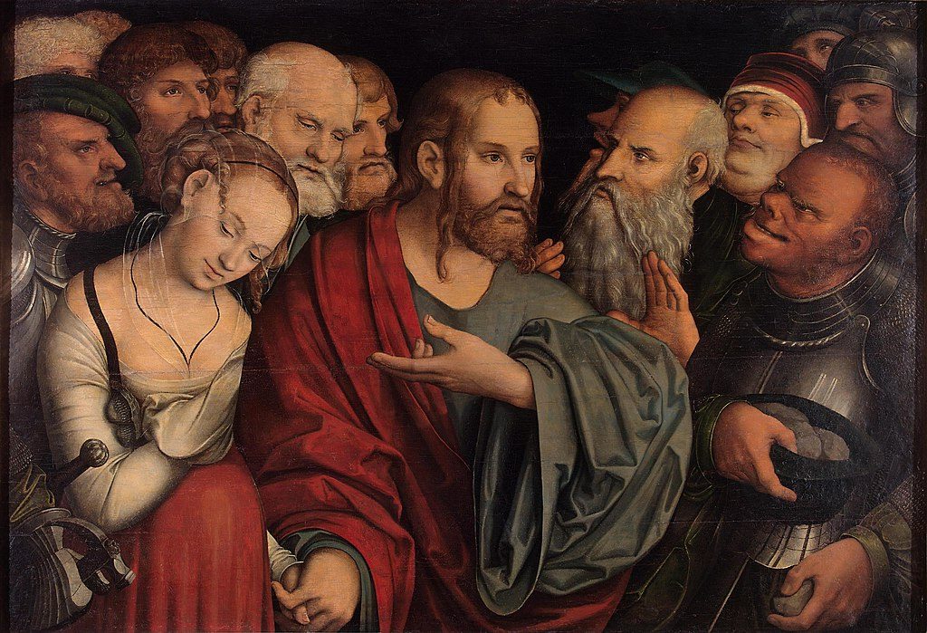 Christ and the Adulteress (1545–1550) by Lucas Cranach the Younger reflects themes of compassion and moral judgment.