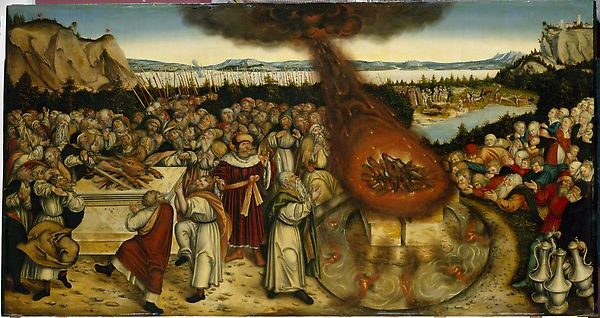 Elijah and Baal's Priests by Lucas Cranach the Younger reflects themes of faith, divine power, and religious confrontation.