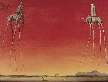 he Elephants (1948) by reflects a dreamlike landscape with two towering elephants