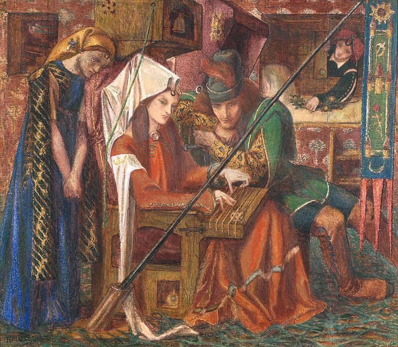 The Tune of the Seven Towers (1857) by Dante Gabriel Rossetti reflects a haunting, dreamlike atmosphere steeped in medieval romanticism.