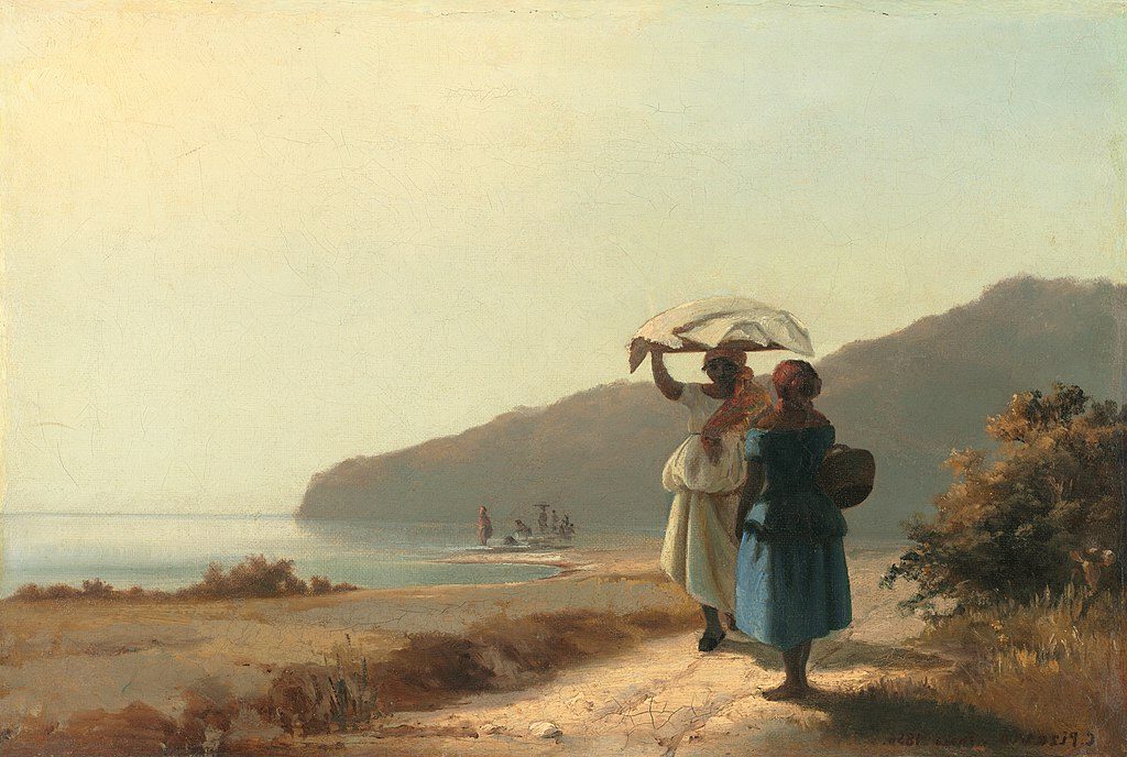 Two Women Chatting by the Sea, St. Thomas (1856) – Camille Pissarro reflects his early exploration of light, atmosphere, and daily life