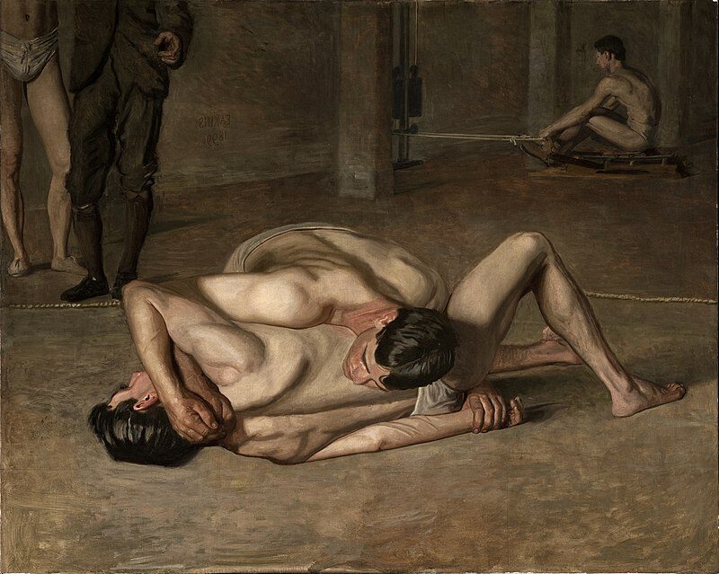 Wrestlers, 1899, by Thomas Eakins reflects the artist's fascination with the human form, athleticism, and realism.