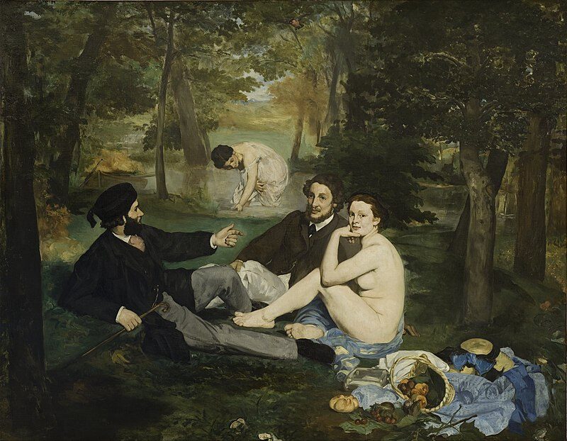 The Luncheon on the Grass (Le Déjeuner sur l'herbe) (1863) reflects a radical break from academic tradition, challenging the conventions of nudity and composition in art. 