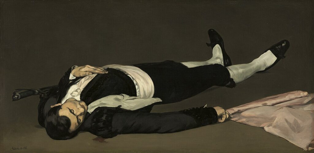 Dead Matador by Édouard Manet (1864–65) reflects the fragility of life and the stark reality of death in contrast to the glorified image of bullfighting.