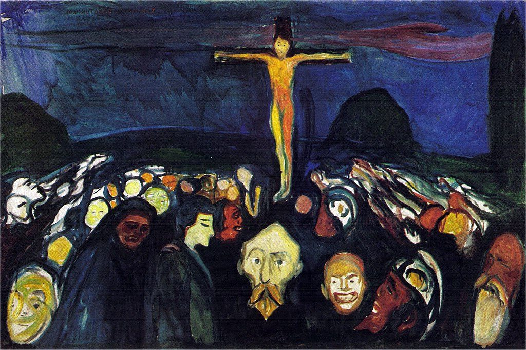 Golgotha (1900) by Edvard Munch reflects a haunting and deeply expressive interpretation of the crucifixion