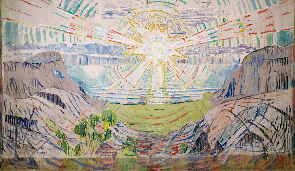The Sun (1910–1911) by Edvard Munch reflects a powerful and radiant depiction of the sun as a life-giving force