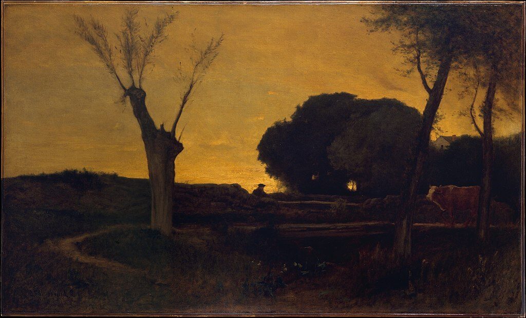 Evening at Medfield, Massachusetts, 1875, by George Inness reflects a tranquil and atmospheric landscape bathed in the warm glow of twilight.
