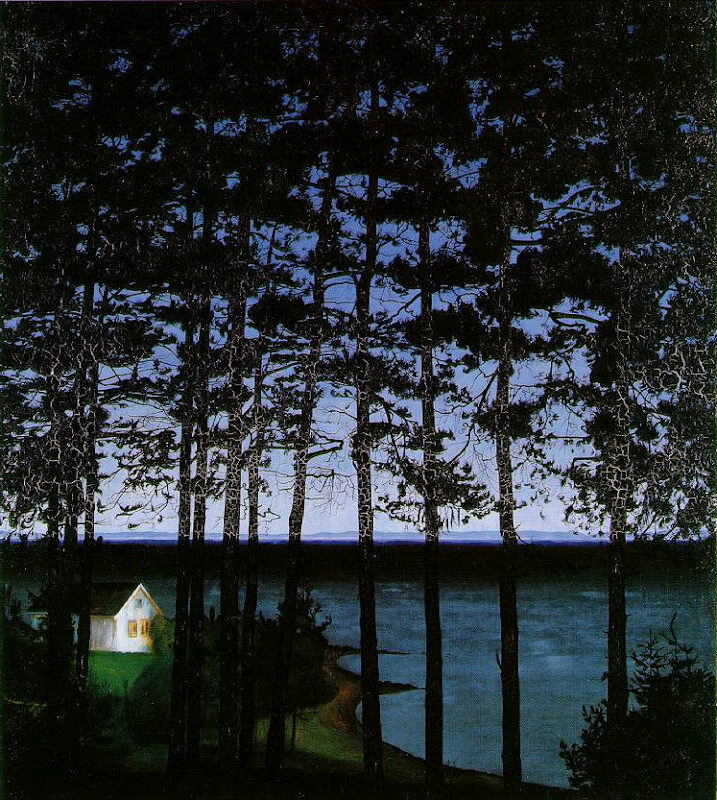 Fisherman's Cottage, 1907 by Harald Sohlberg reflects a sense of solitude and harmony between human habitation and nature.