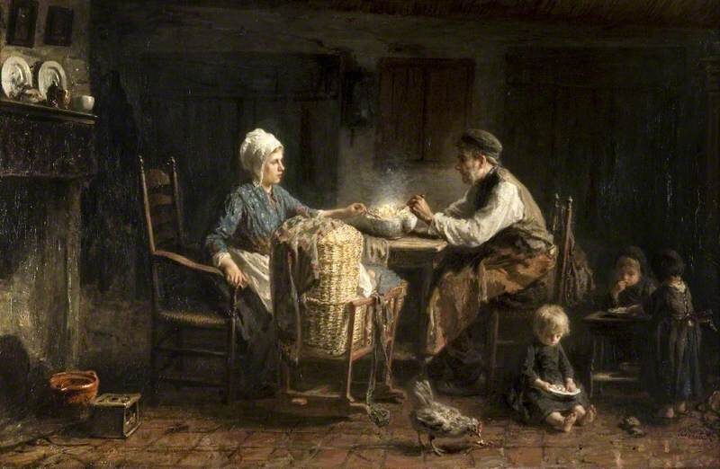 The Frugal Meal (1876) by Jozef Israëls reflects themes of poverty, resilience, and the quiet dignity of humble living.