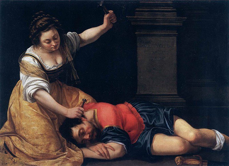 Jael and Sisera (c. 1620) by Artemisia Gentileschi reflects themes of betrayal, justice, and female strength.
