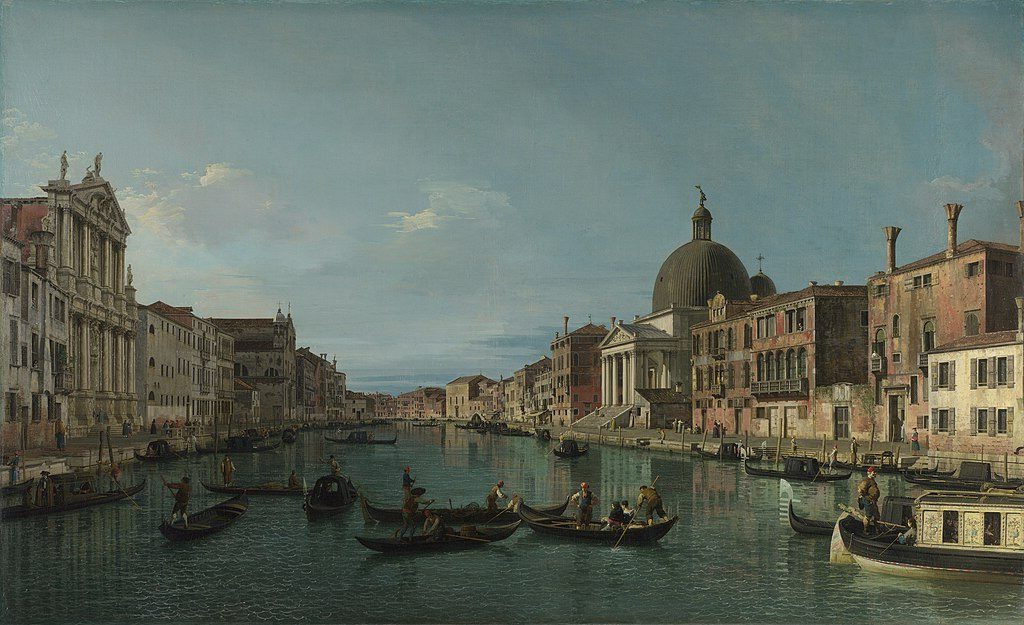 The Grand Canal with San Simeone Piccolo (1740) reflects themes of urban elegance, architectural harmony, and the vibrancy of Venetian life.