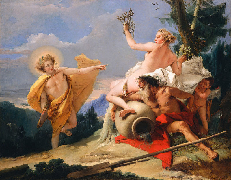 Apollo Pursuing Daphne (1755–1760) by Giovanni Battista Tiepolo reflects the dramatic climax of Ovid’s Metamorphoses