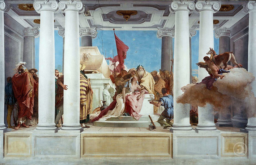 The Sacrifice of Iphigenia (1757) by Giovanni Battista Tiepolo reflects the tension between duty and fate in Greek mythology.