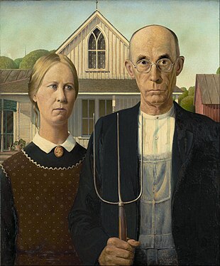 American Gothic (1930) by Grant Wood reflects a solemn Midwestern farming couple standing rigidly in front of their white