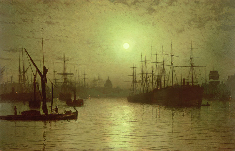Nightfall on the Thames (1880) reflects the mystique and tranquility of the evening as it descends over London's iconic river. 
