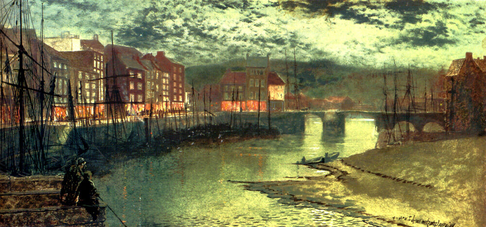 Whitby Docks (1876) by John Atkinson Grimshaw  reflects the industrial and maritime atmosphere of 19th-century England.