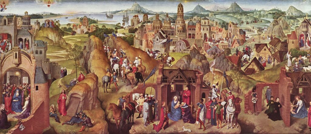 Seven Joys of the Virgin (1480) by Hans Memling reflects themes of Marian devotion and the celebration of Christ’s life.