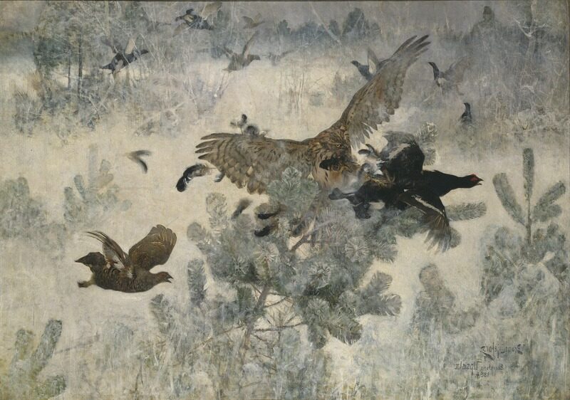 Hawk and Black-Game, 1884 by Bruno Liljefors reflects the raw and untamed beauty of nature's predatory dynamics.