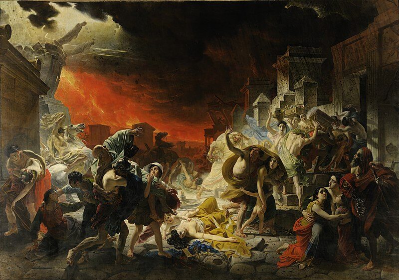 The Last Day of Pompeii, 1833 reflects the catastrophic eruption of Mount Vesuvius and the destruction of the Roman city of Pompeii.