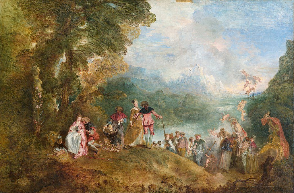 The Embarkation for Cythera (1717) reflects themes of romance, fleeting love, and the pursuit of pleasure.