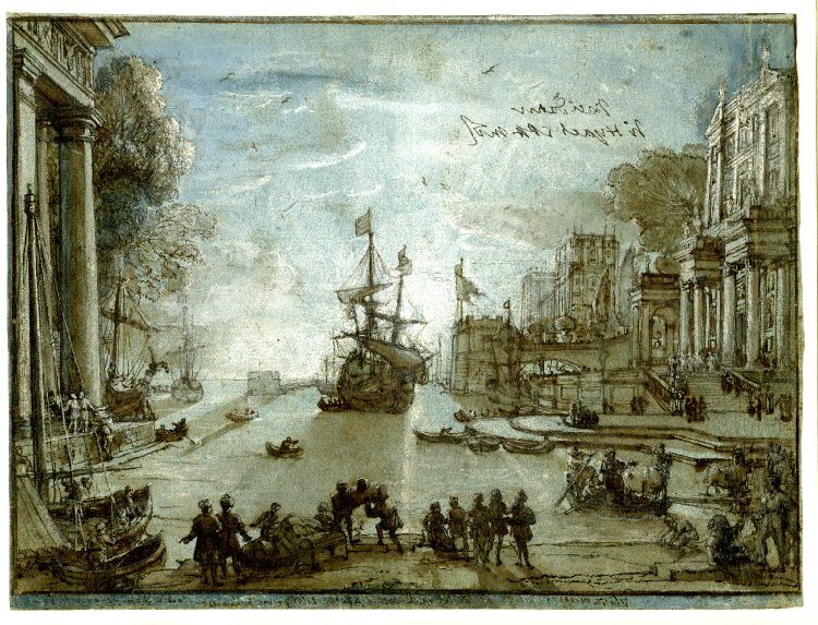 Liber Veritatis record of Seaport with Ulysses returning Chryseis to her father (from Homer), 1650 reflects the dramatic yet poetic moment from Homer’s Iliad.