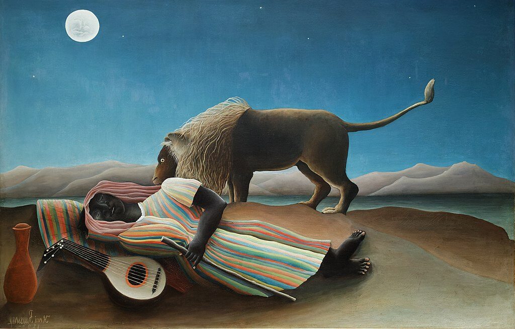 The Sleeping Gypsy, 1897 – Henri Rousseau reflects themes of mystery, vulnerability, and the subconscious.