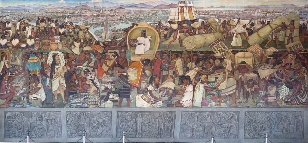 Mural of the Aztec Market of Tlatelolco by Diego Rivera illustrates the organized trade, barter system, and cultural diversity of pre-Hispanic Mexico.