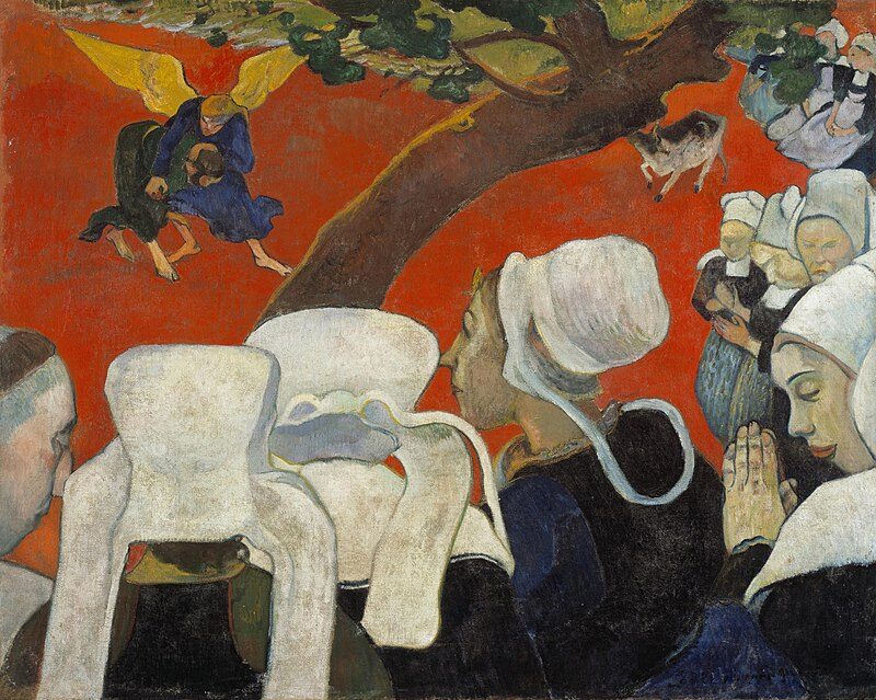 Vision After the Sermon (Jacob Wrestling with the Angel) (1888) reflects the spiritual intensity and mystical vision of faith.