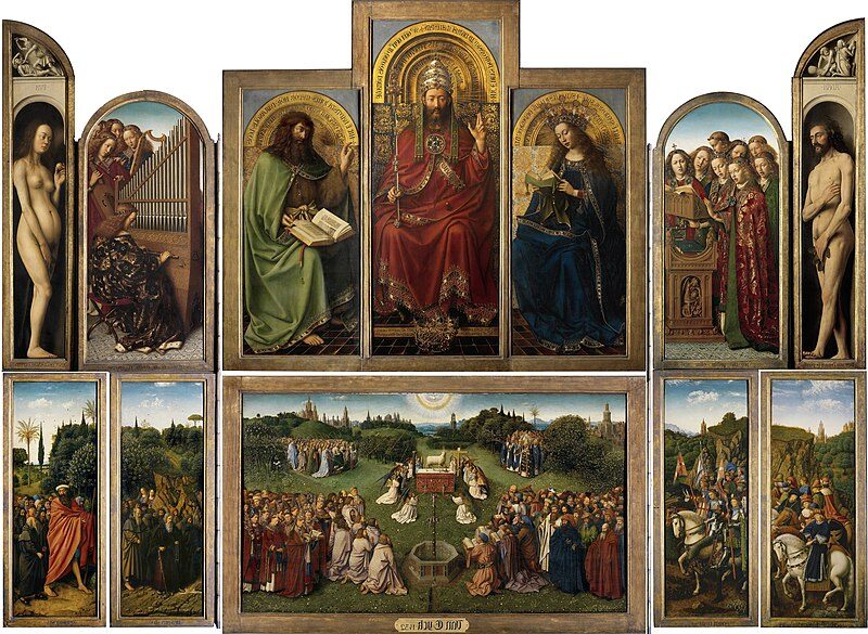 Ghent Altarpiece (1432) by Hubert and Jan van Eyck  reflects themes of divine majesty, salvation, and the glory of creation. 
