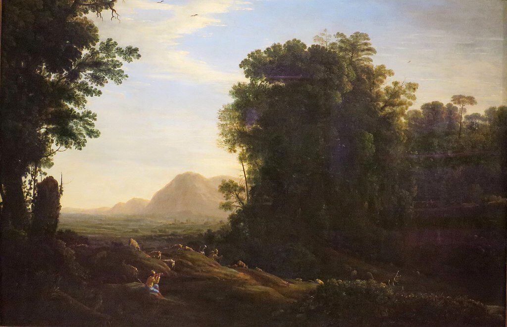 Landscape with a Piping Shepherd, c. 1629–1632 by Claude Lorrain reflects an idealized pastoral scene