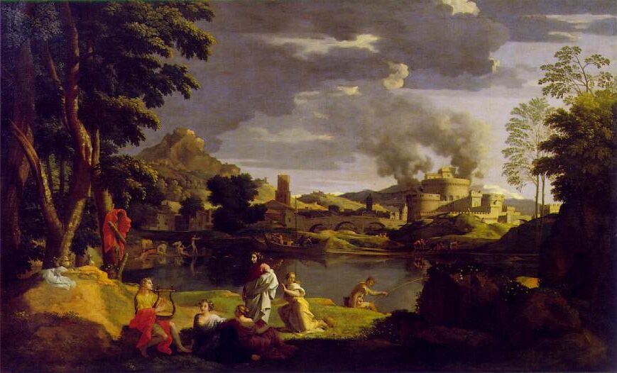 Landscape with Orpheus and Eurydice, 1650–51 by Nicolas Poussin reflects the tragic myth of Orpheus leading Eurydice from the underworld.