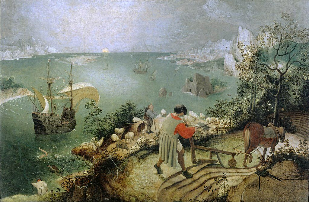 Landscape with the Fall of Icarus (c. 1558) reflects themes of human indifference, ambition, and the insignificance of individual tragedy in the grand scheme of life.