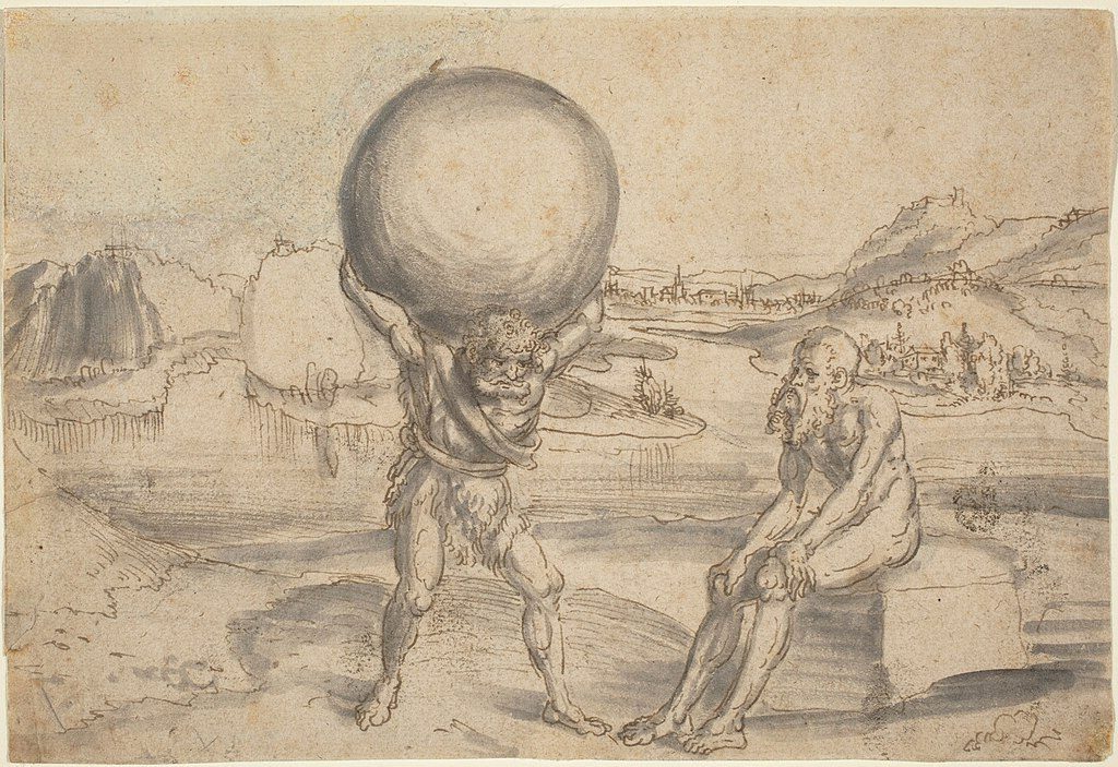 Hercules Relieving Atlas of the Globe (c. 1530) by Lucas Cranach the Elder reflects themes of strength and burden.
