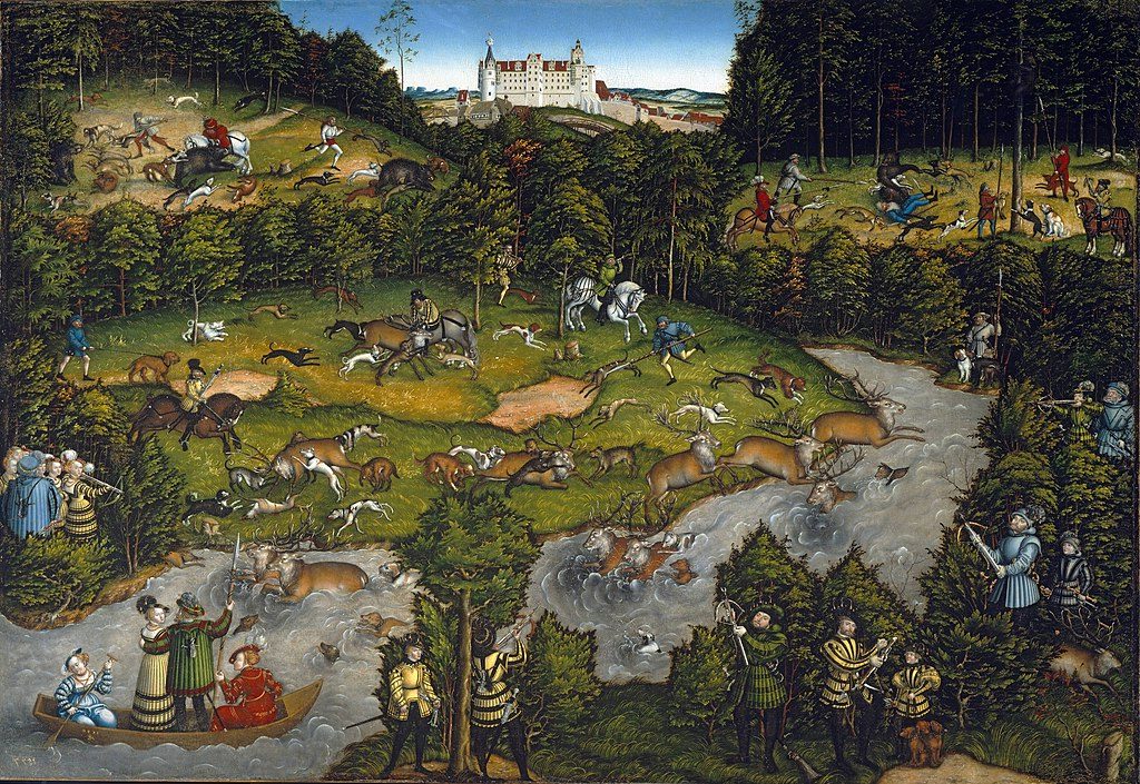 Hunting near Hartenfels Castle (1540) by Lucas Cranach the Elder reflects themes of nobility, leisure, and the courtly hunt.