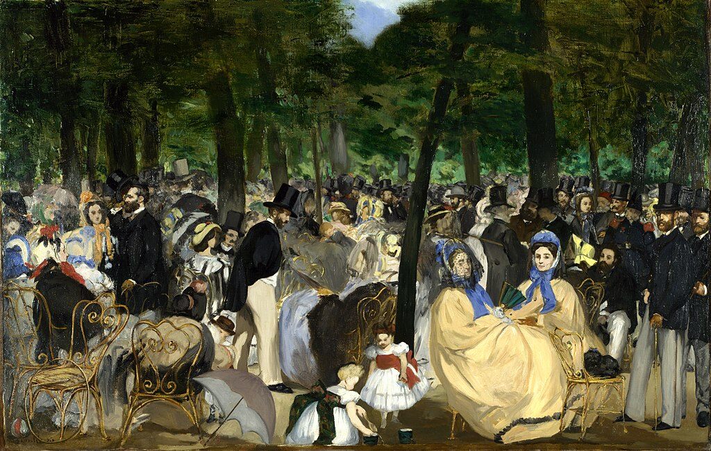 Music in the Tuileries by Edouard Manet (1862) reflects the vibrant social life of Parisian bourgeois society in the mid-19th century